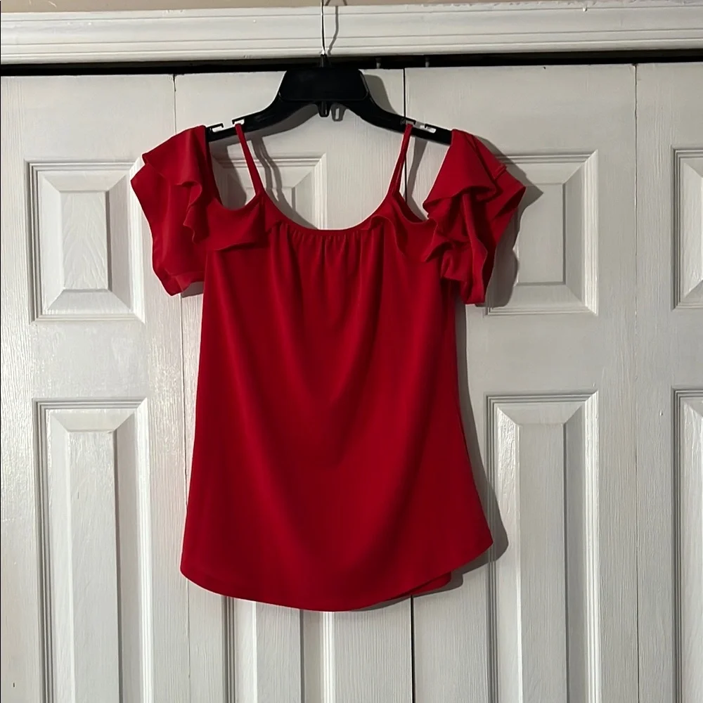 Red-Orange Ruffle Cold Shoulder Top - Picture 3 of 3